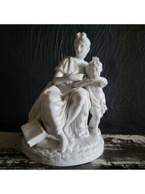 Vintage White Porcelain Figurine Of Woman and Child with Book On Floral Base